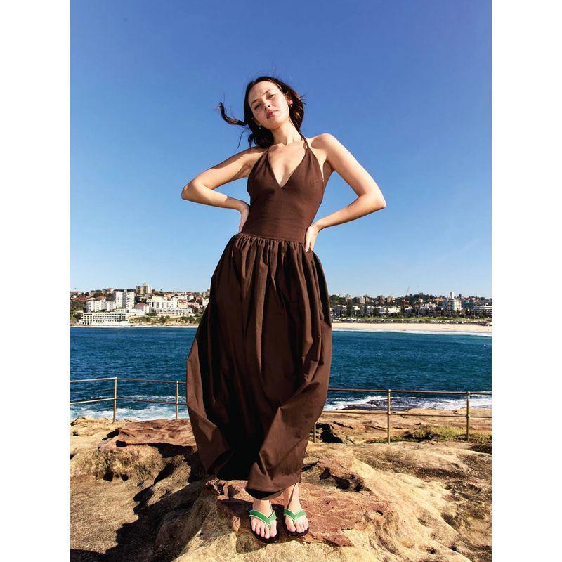 Muses Restricted Area French Style Design Sense V-neck Sexy Backless Drawstring Skirt Waist Hugging Slimming Vacation Hanging Neck Dress