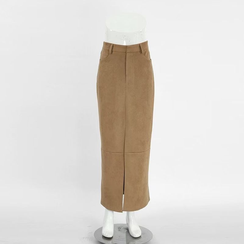 

Европейская и американская замшевая прямая юбка, сексуальная юбка с разрезом, юбка с высокой талией и разрезом, повседневная юбка Brown S