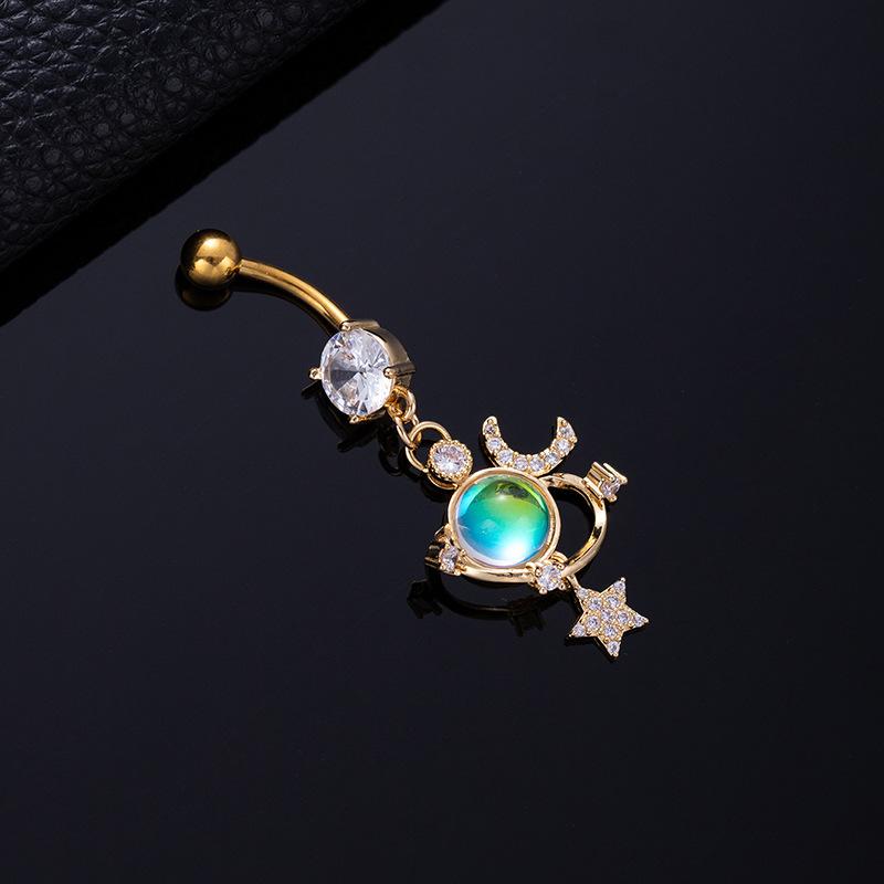 Colored Zircon Spiral Navel Nail Wind Star Moon Navel Ring Pierced Tassel Navel Buckle