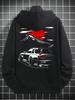 Nostalgischer Lässiger Hoodie für Herren, JDM Getuntes Fahrzeug Sonnenaufgang Berg Kunst Verbundene Rückengrafiken, Übergroßes Street Hip Hop Sport Top