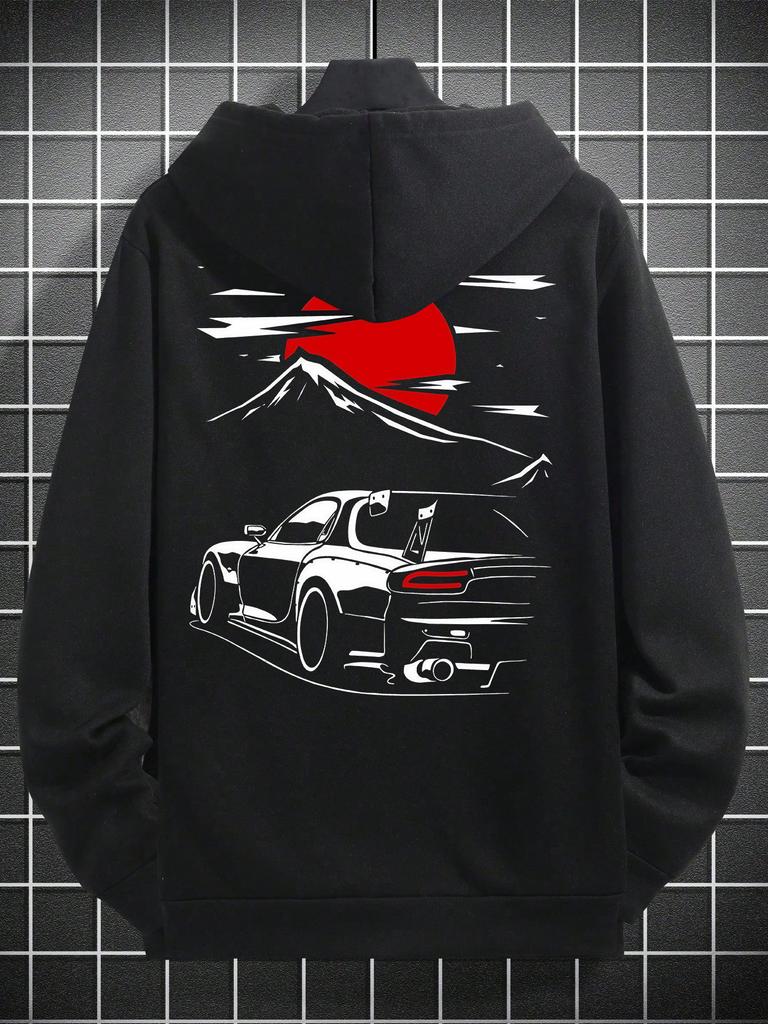Nostalgischer Lässiger Hoodie für Herren, JDM Getuntes Fahrzeug Sonnenaufgang Berg Kunst Verbundene Rückengrafiken, Übergroßes Street Hip Hop Sport Top