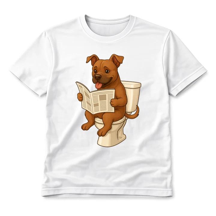 Pit Bull on Toilet Cartoon Illustration Graphic T-Shirt Bathroom Dog Funny Tee XXXXL