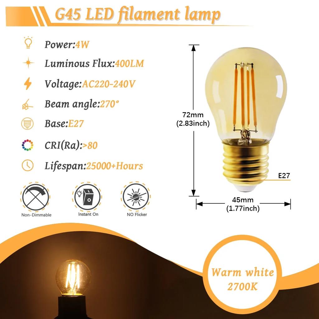 6PCS LED Filament Light Bulb Retro Edison E27 E14 B22 4000K 2700K 220V A60 G45 C37 Vintage Ampoule Incandescent Bulb Edison Lamp