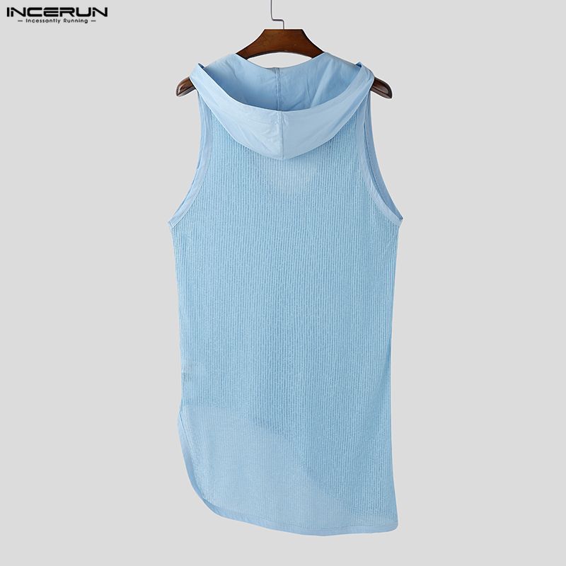INCERUN Herren ärmellose U-Ausschnitt unregelmäßige dünne Urlaubs-Langarm-Kapuzen-Tanktops