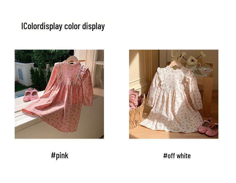 Spring 2026 Korean Style Children's Floral Dress with Stand Collar and Ruffle Lace - Long Sleeve Princess Skirt
