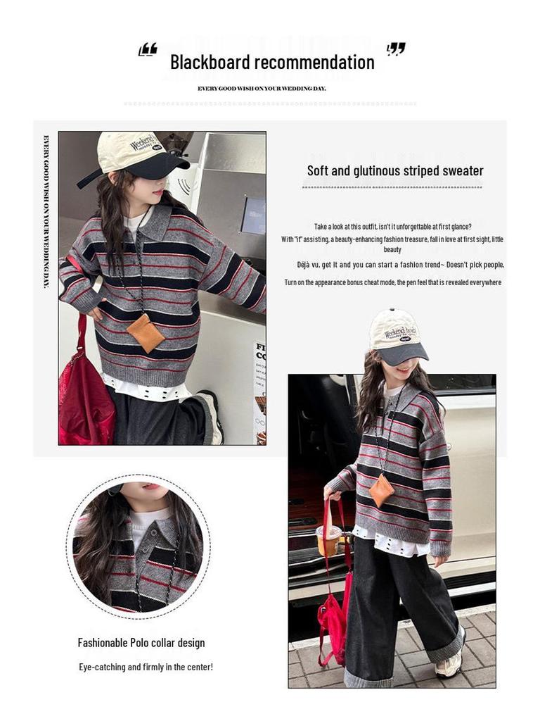 Girls' Striped Knitted Polo Sweater - Autumn/Winter 2025 Fashion Pullover for Kids