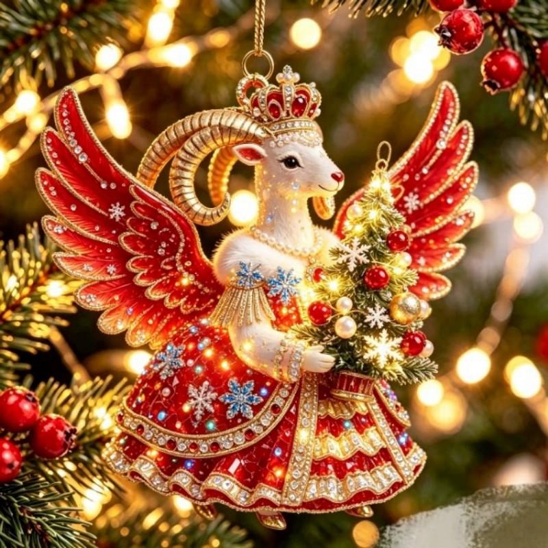 2D Flat Acrylic Hanging Ornament Red Gold Winged Goat Acrylic Pendant Christmas Tree Decoration Lunar New Year Holiday Gift