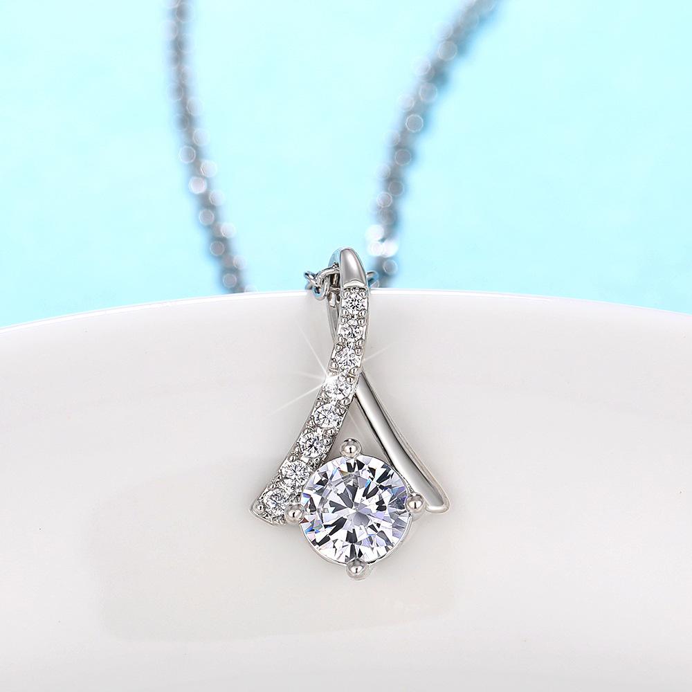 Silver Plated Round Cut CZ Solitaire Pendant Necklace, Twisted Accent Cable Chain Necklace for Women