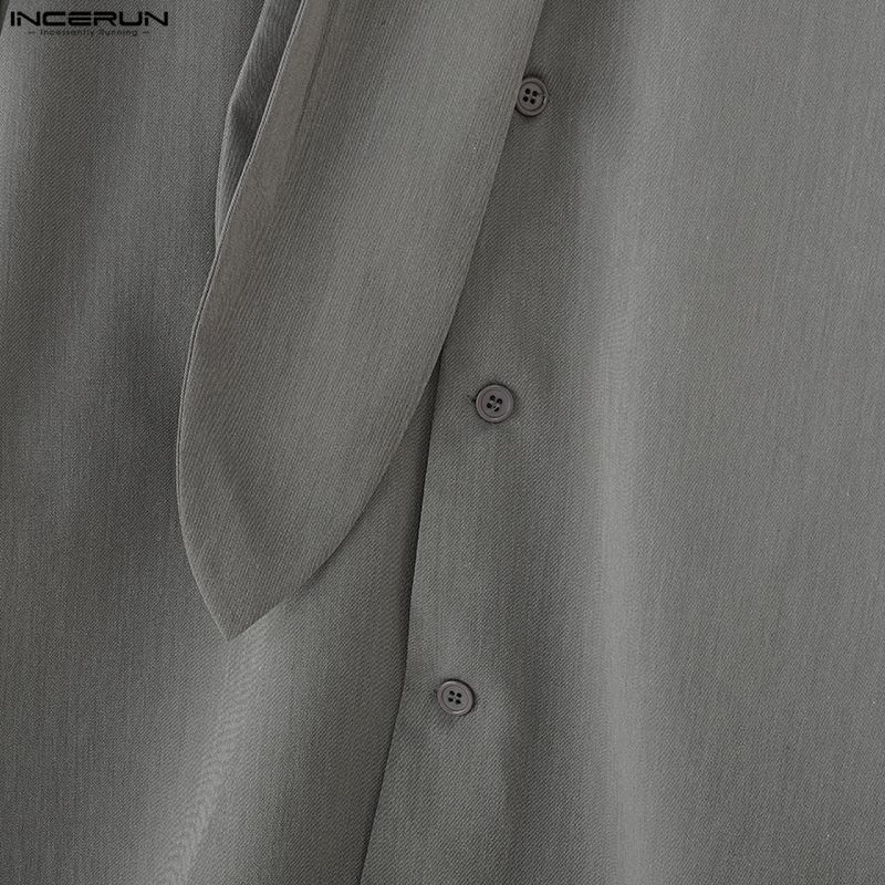 INCERUN Oversized Men Tie Up Neck Long Sleeve Solid Casual Loose Shirts