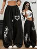 Street Fashion Women'S Flame Heart Print Wide-Leg Pants Casual Outing Leisure All-Match Long Trousers
