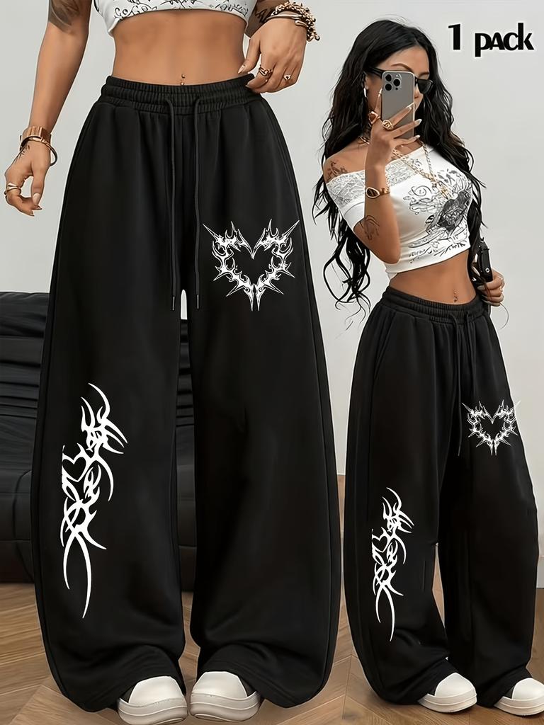 Street Fashion Women'S Flame Heart Print Wide-Leg Pants Casual Outing Leisure All-Match Long Trousers