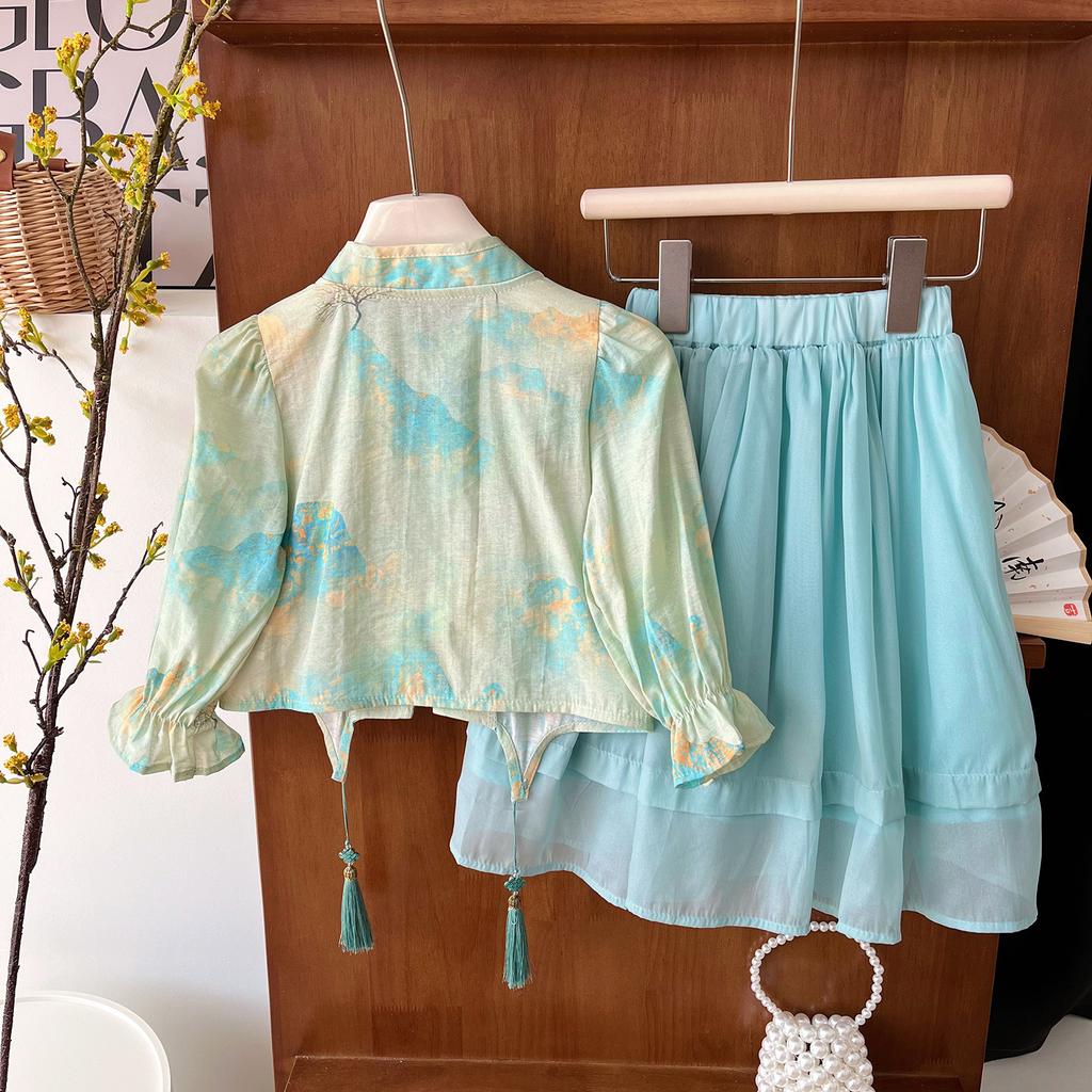 Girls Summer Hanfu Set Traditional Chinese Long Sleeve Blouse And Midi Skirt Two Piece Outfit For Kids