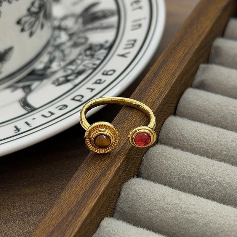 Retro Texture Two-Color Imitation Tiger'S Eye Stone Open Ring Niche Light Luxury High-End Sense Stacked Wearing Personalized Ring Woman