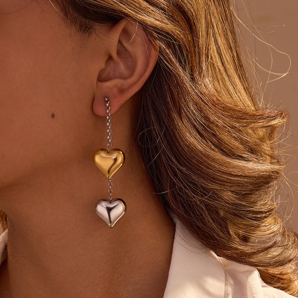 GEMCHIC Women's Two-Tone Heart Drop Earrings Stainless Steel 18K Gold Plated Long Chain Dangle Jewelry