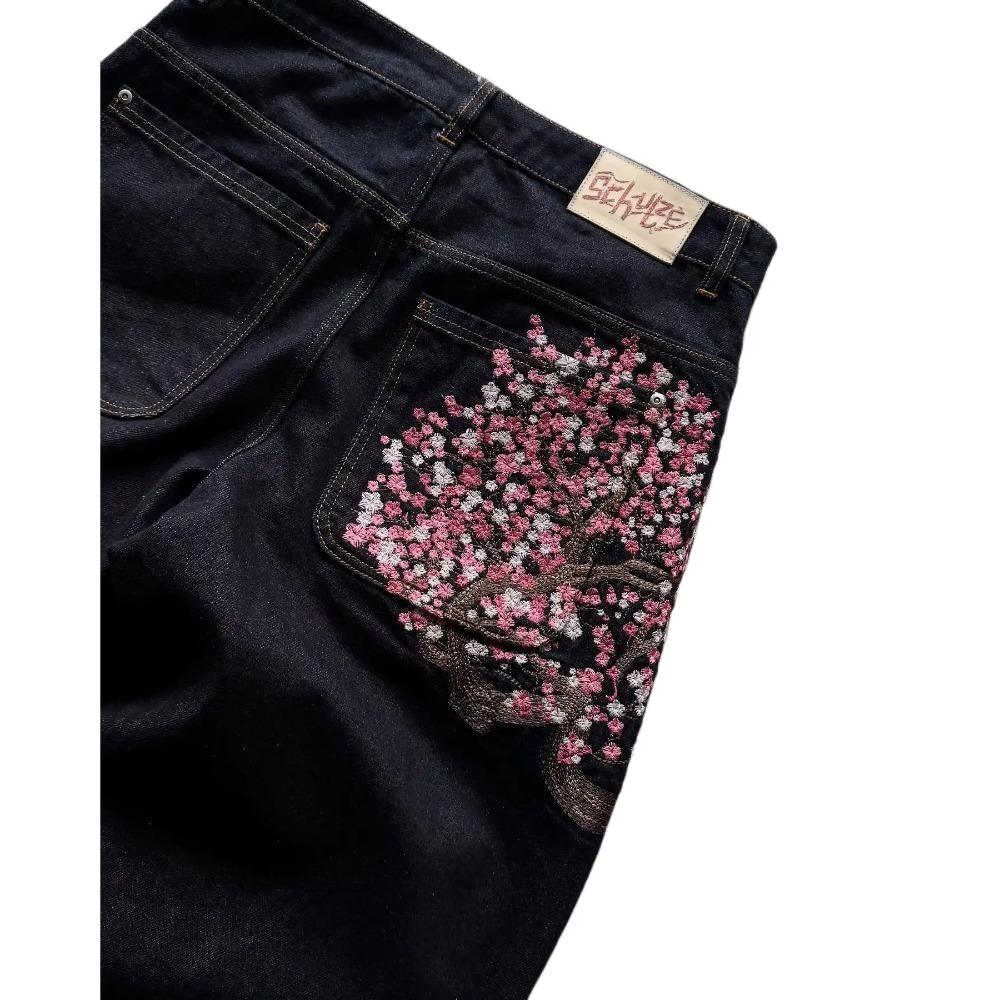 Cherry Blossom Selvedge Embroidery Denim Pants Y2k Retro Casual Baggy Straight Wide Leg Jeans High Quality Hiphop Streetwear