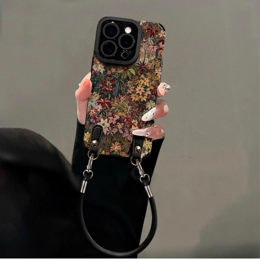 Oil painting Baicao lanyard suitable for Apple 16promax mobile phone case iphone13 silicone sheepskin 15 retro niche