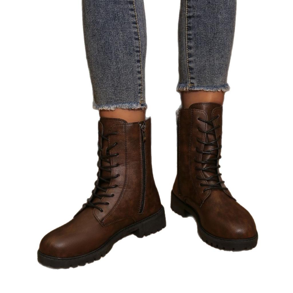 Foreign Trade Large Size Round Head Thick Sole 2025 New Lace-up Short Tube European and American Style Fashion Women's Martin Boots