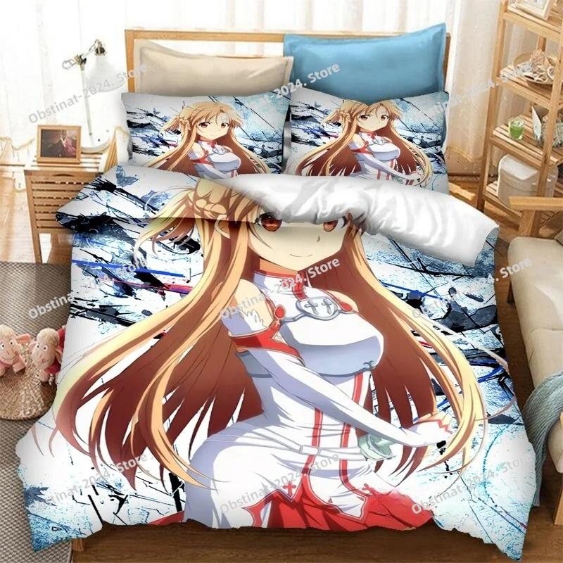 סט מצעים לאנימה SAO Yuuki Asuna, כיסוי שמיכה שמיכה סט מיטה כיסוי שמיכה ציפית לכרית, מידת קינג קווין טווין בנים בנות מבוגרים