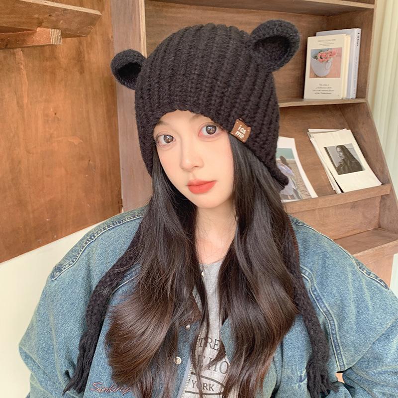 

Милая шапка с медвежьими ушками, вязаная, свободная, женская, зимняя, утолщенная, теплая, универсальная, из плетеной шерсти One Size