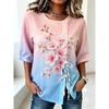 Women's Ombre Floral Print Drawstring Button Up Blouse, Casual Round Neck Tops for Spring Summer Daily Vacation Wear
