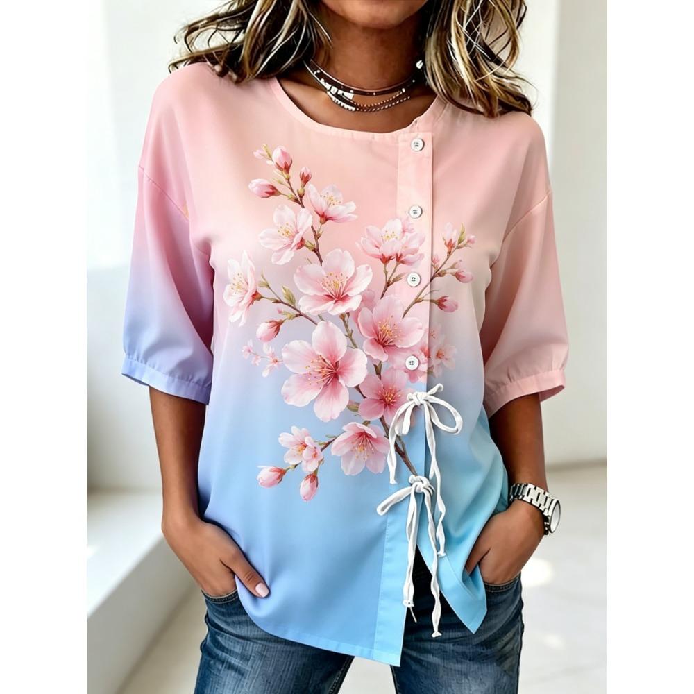 Women's Ombre Floral Print Drawstring Button Up Blouse, Casual Round Neck Tops for Spring Summer Daily Vacation Wear