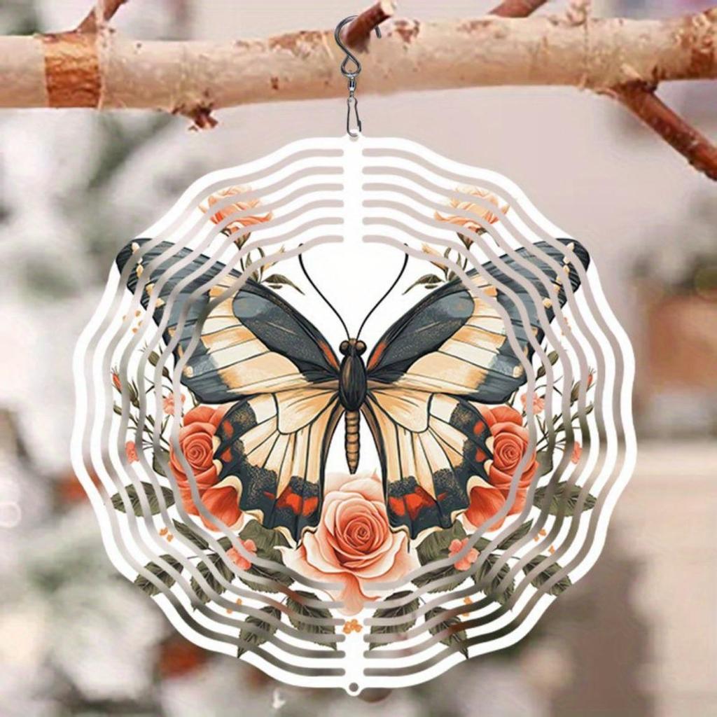 Rose Butterfly Metal Wind Chime Outdoor Garden Decor Kinetic Art for Halloween Christmas Thanksgiving Holiday Party Patio Yard Hanging Ornament