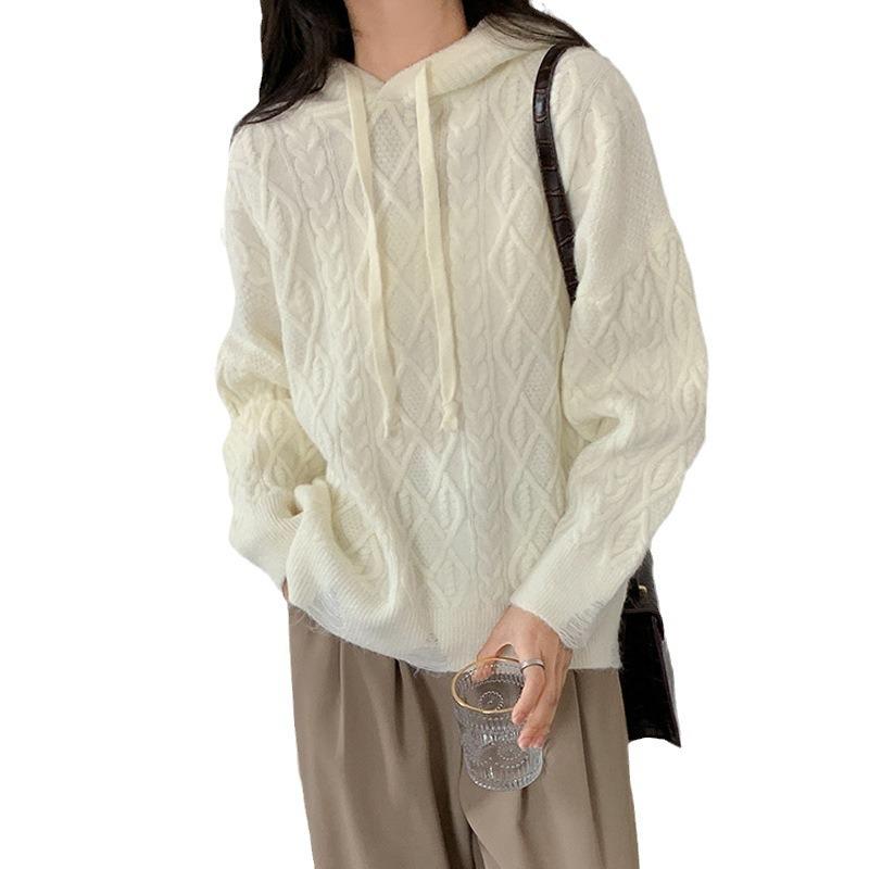 Hooded geometric twist lazy wind pullover sweater autumn and winter new large size thick knitted sweater women