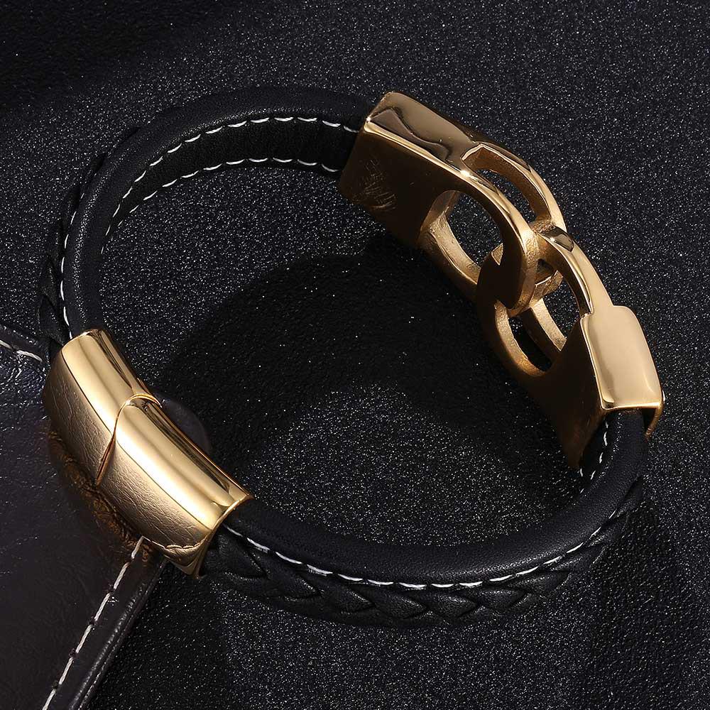 Pánský Punk Retro Zlatý Kožený Náramek Manžeta s Nerezovou Magnetickou Sponou