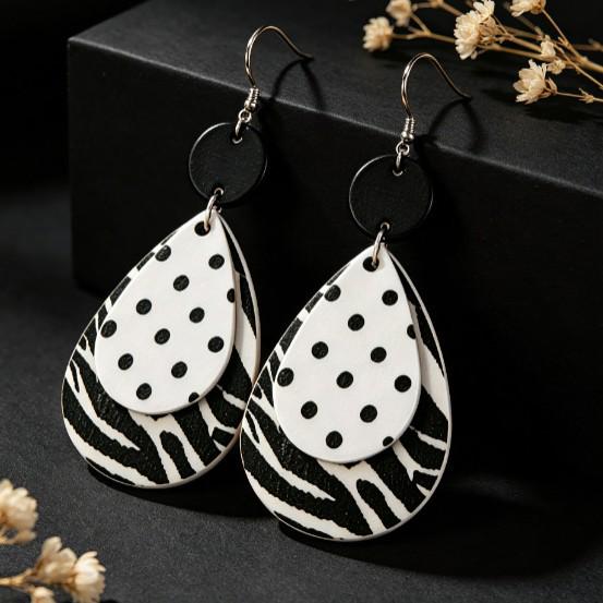 Polka Dot Double Layer Water Drop Leather Earrings - Black & White Geometric Accessories