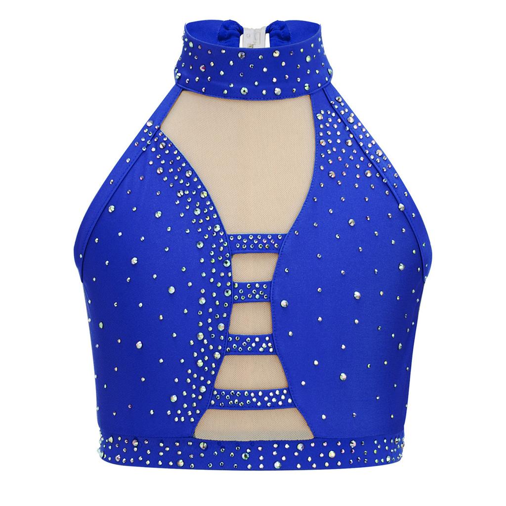 Girls Latin Dance Crop Top Halter Sleeveless Crisscross Back Mesh Patchwork Sparkling Rhinestones Vest