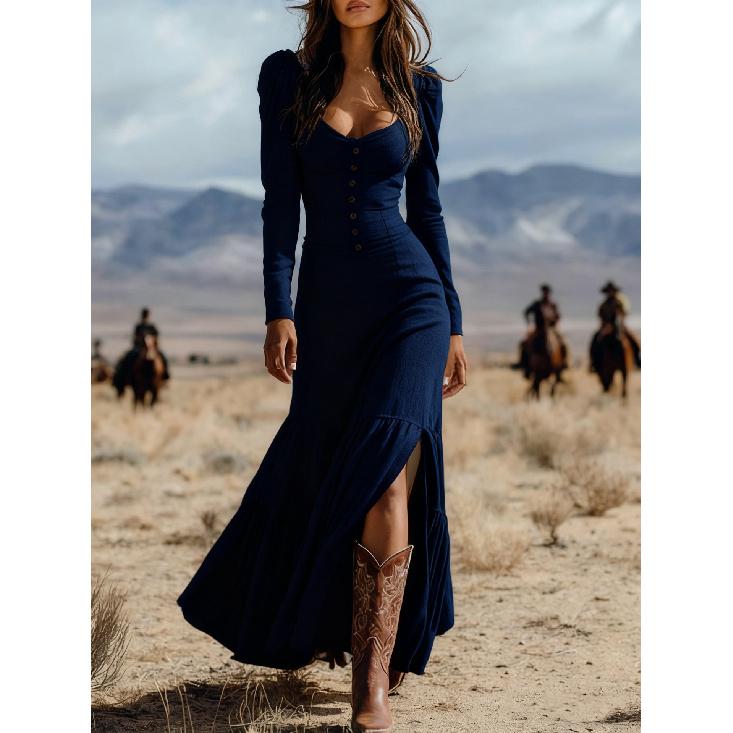 2026 New Women's Vintage Western Style Long Dress with Buttons, Ruched Long Sleeves, Sexy Dress