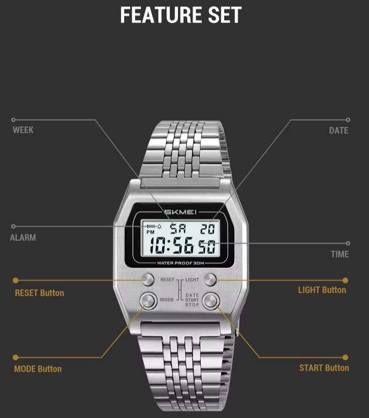 Skmei 2460 Men's Sports Waterproof Digital Watch Stainless Steel Luxury Retro Led Alarmclock Men's Electronic Watch Reloj Hombre