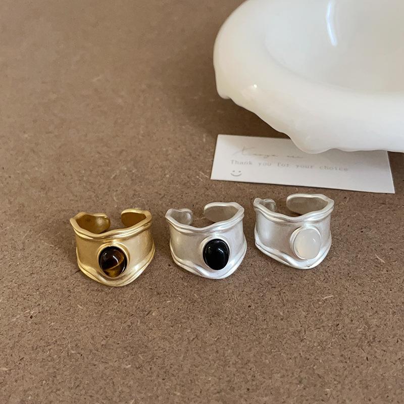 Hong Kong Style Retro Natural Stone Matte Metal Opening Ring Female Niche Personality Simple Temperament Versatile Ring Ring