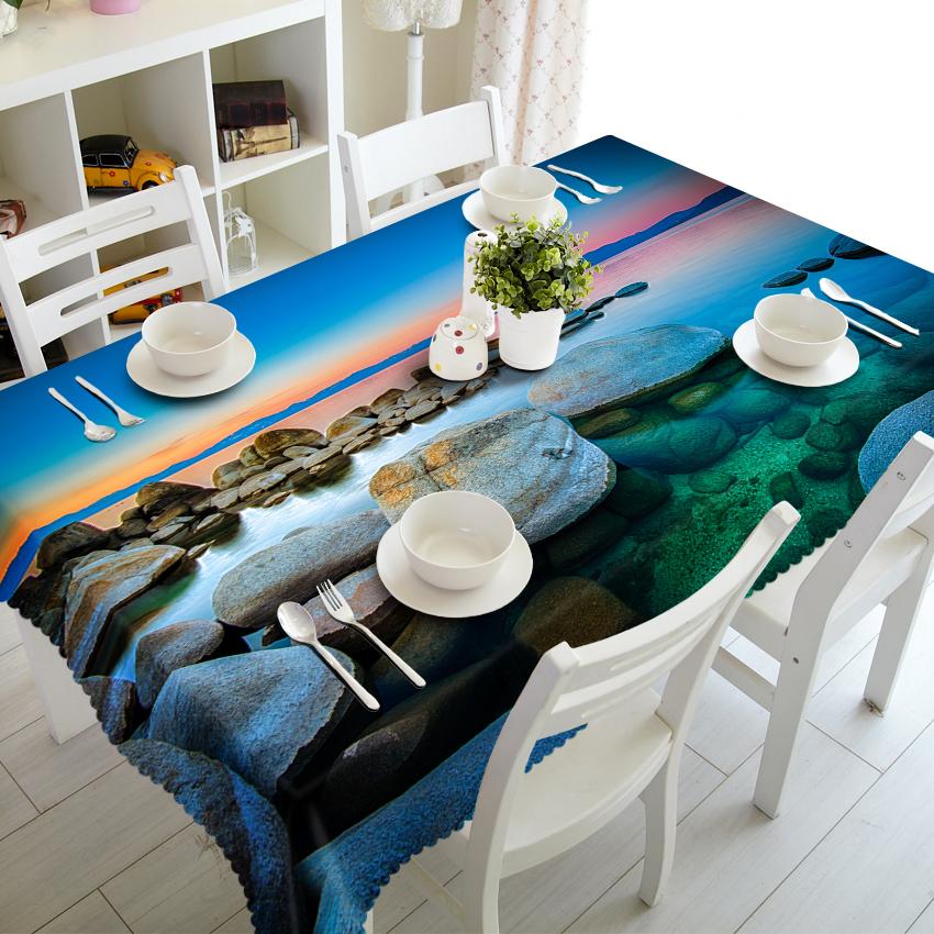 Waterfall Tablecloth Merry Christmas Seascape Pattern Waterproof Thicken Rectangular And Round Table Cloth For Wedding