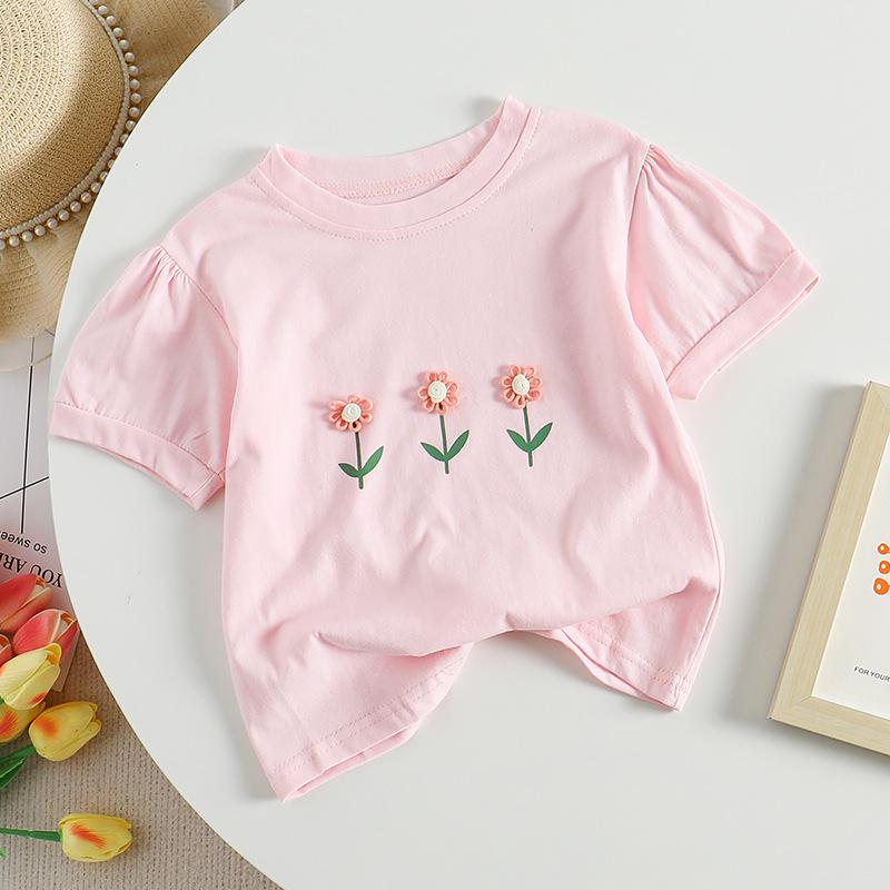 

Летняя футболка для девочек в корейском стиле с коротким рукавом и милым 3D цветочным дизайном 100 cm розовый