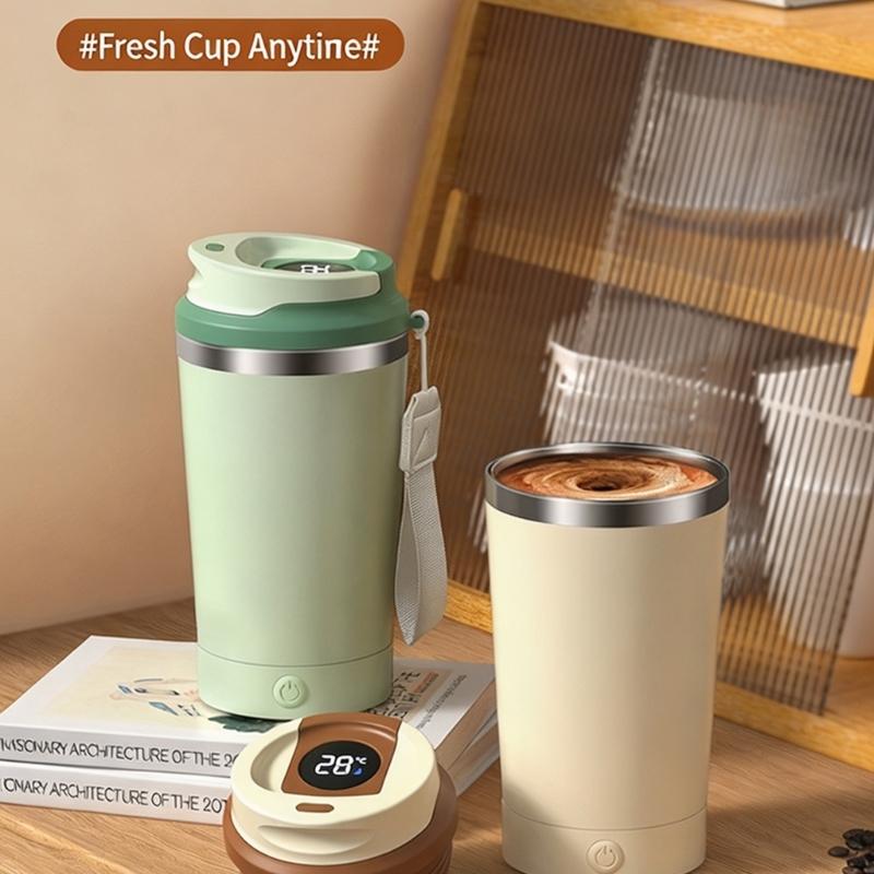 Rechargeable Automatic Stirring Cup with Top-Mounted Temperature Display, Button-Activated Mixing, Removable Base, and 316-Grade Interior