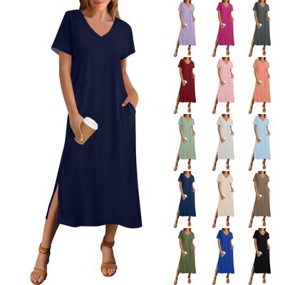 Women's Summer Solid Color Dress Short Sleeve Beach Dress With Pocket Casual V-neck Hem Side Slit Dress