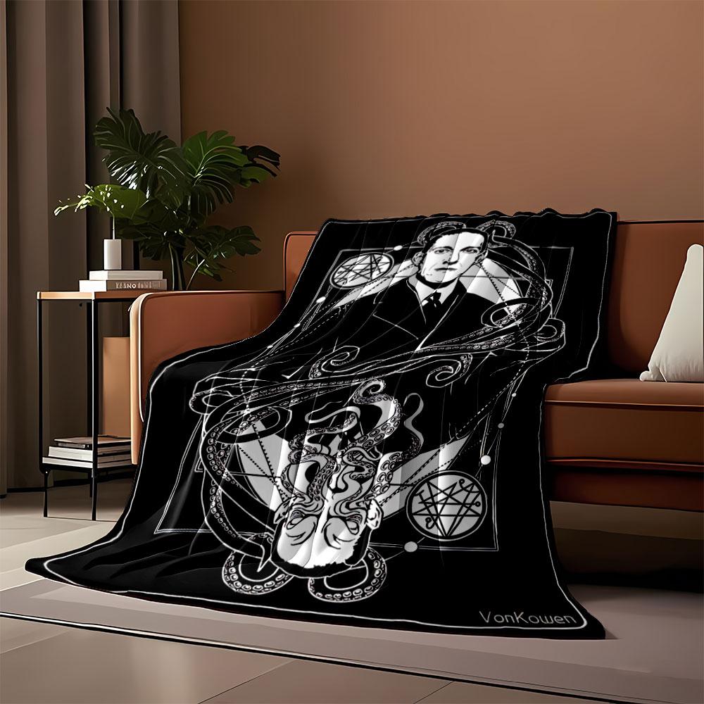 A Symmetrical Design Features a Man, Tentacles, Symbols, and Geometric Shapes. for All Seasons Blanket Lunch Break Throw Gift