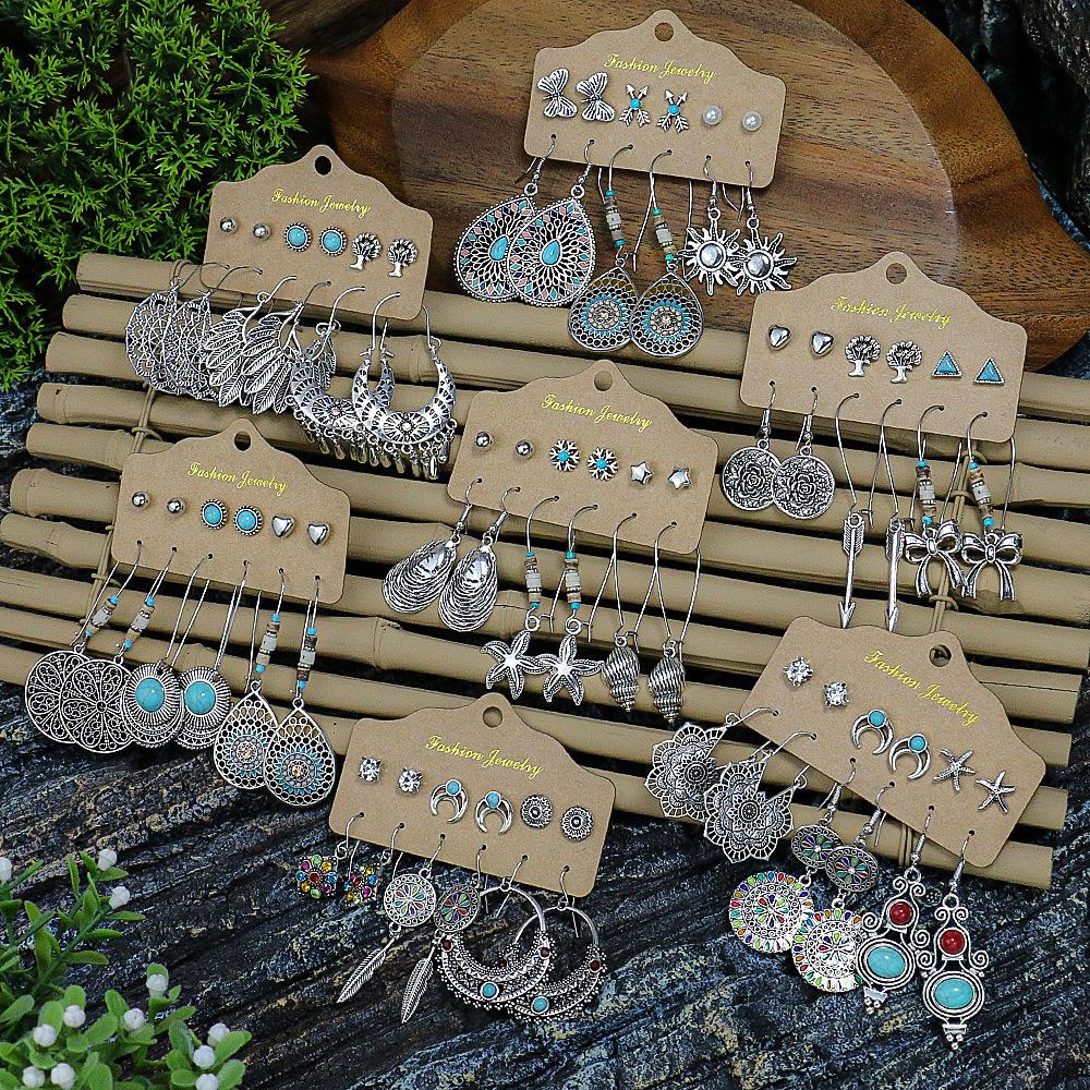 

Сережки кольору античного срібла Інкрустовані бірюзою Етнічний стиль Геометричні Круглі Бантики Соняшники Морська зірка Подарунки Вечірка