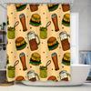 Decorative Shower Curtain Set Featuring A Fun Fast Food Pattern With Burgers, Fries, Beer Mugs And Ice Cream Cones In Yellow Bac