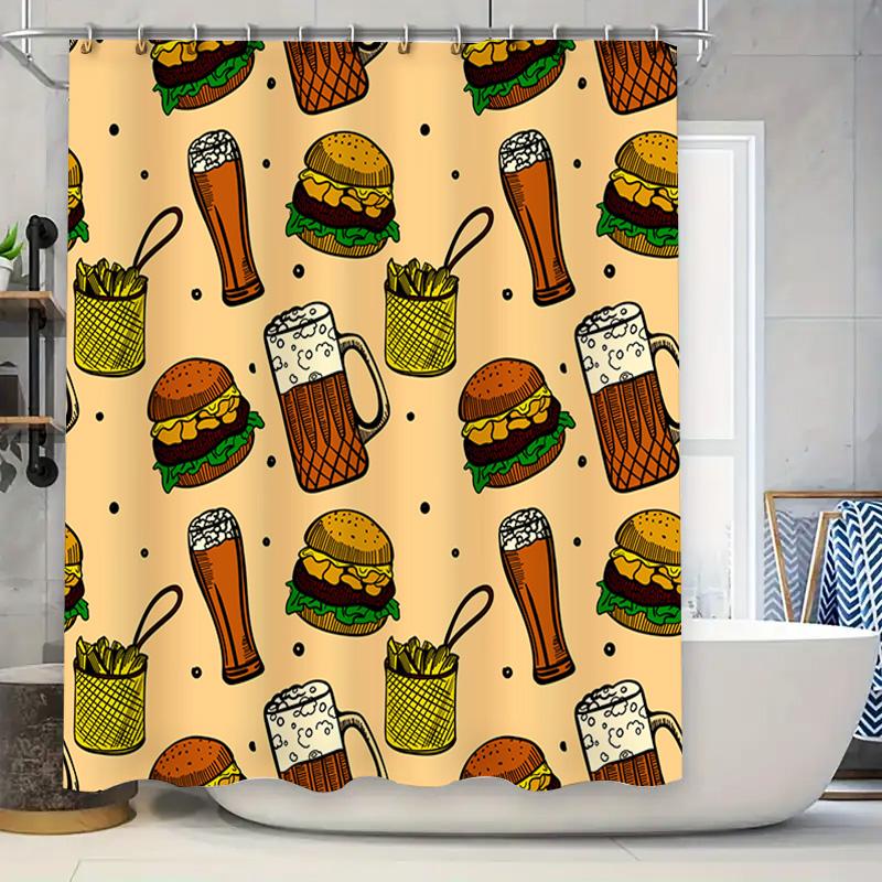 

Decorative Shower Curtain Set Featuring A Fun Fast Food Pattern With Burgers, Fries, Beer Mugs And Ice Cream Cones In Yellow Bac W60H190(CM)-1 Pcs