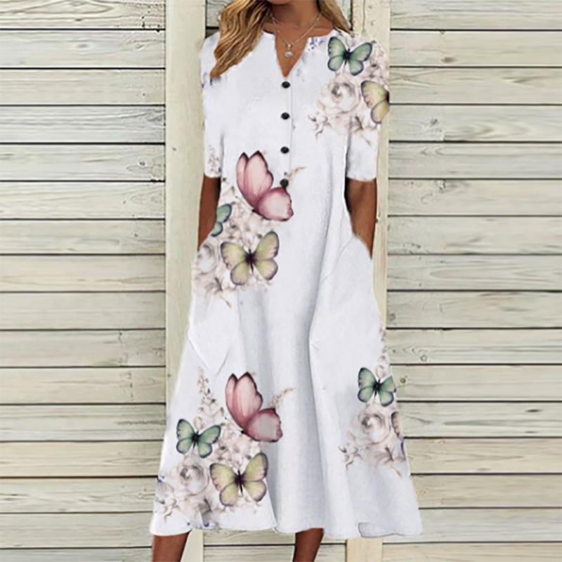 Elegante Frauen Kleider V-ausschnitt Kurzarm Taste Party Kleid Frauen Sommer Vintage Print Kleid Casual Lose Blume Damen Kleider