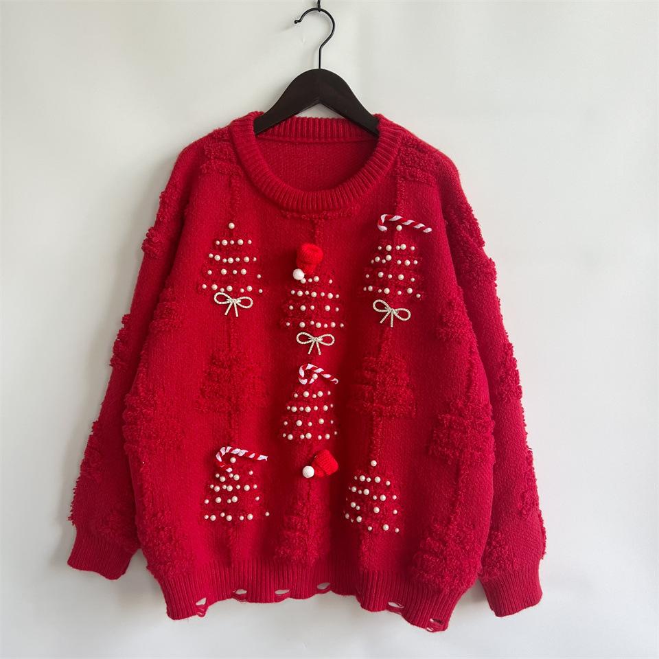 Handmade pearl Christmas theme sweater 3D decoration New Year holiday sweater pullover for women 3515 EMA
