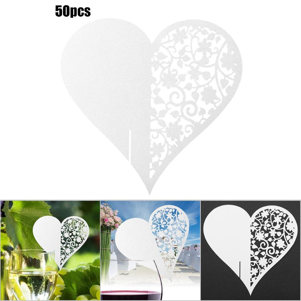 50pcs Heart Shape Wedding Hollow Name Place Cards For Wine Glass Table Decoration(White)