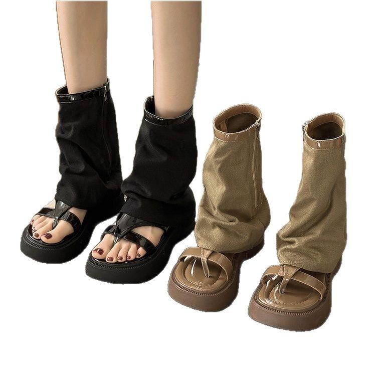Niche thick-soled heightening niche Roman shoes 2025 summer new sandals women's toes retro cool boots short boots pant boots