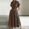 ZANZEA Women Casual Turn Down Collar Loose Short Sleeve Leopard Patchwork Long Dress
