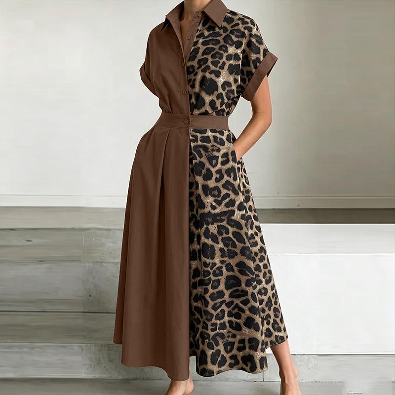 ZANZEA Women Casual Turn Down Collar Loose Short Sleeve Leopard Patchwork Long Dress