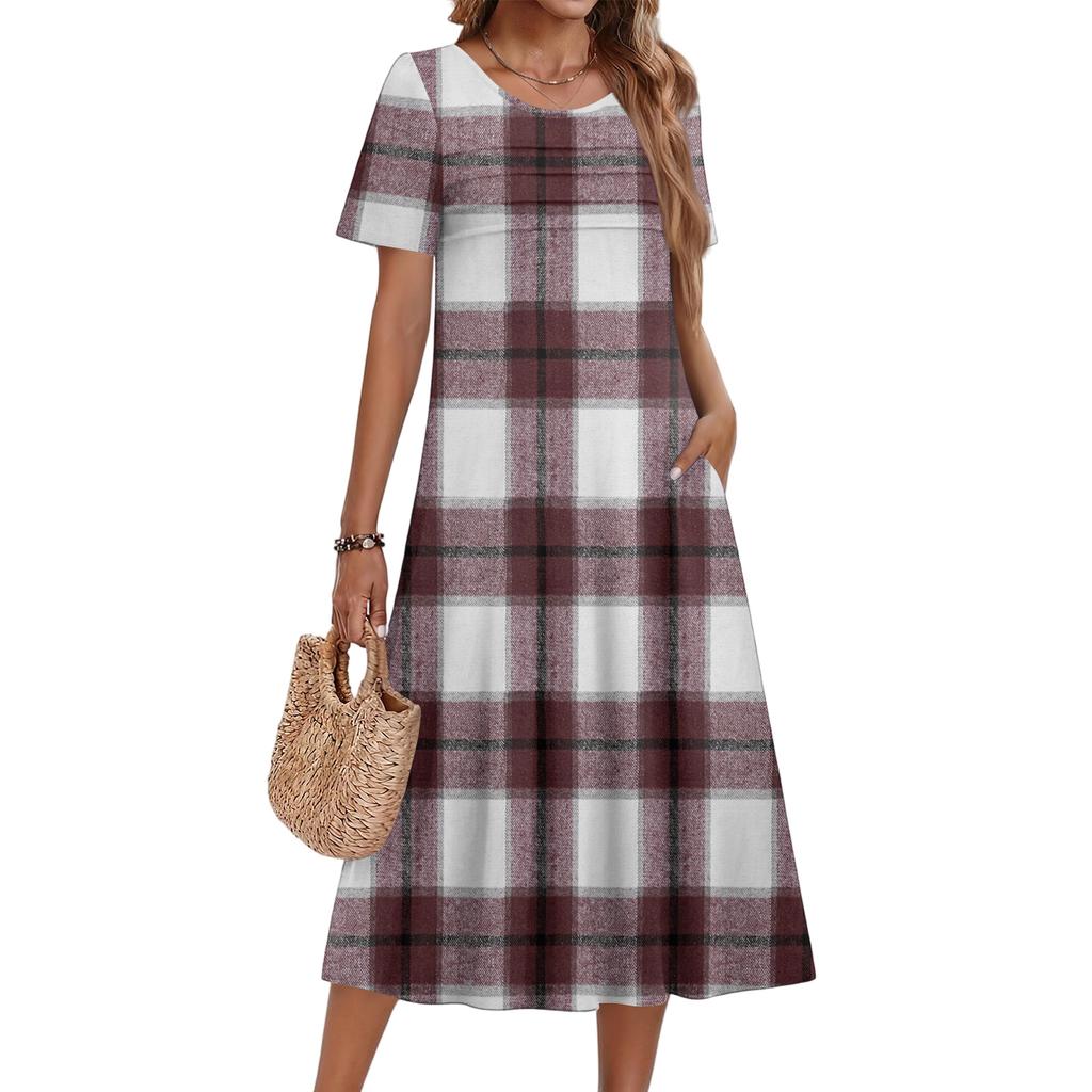 Ladies' Plaid Printed Casual And Fashionable Short Sleeved Round Neck Dress