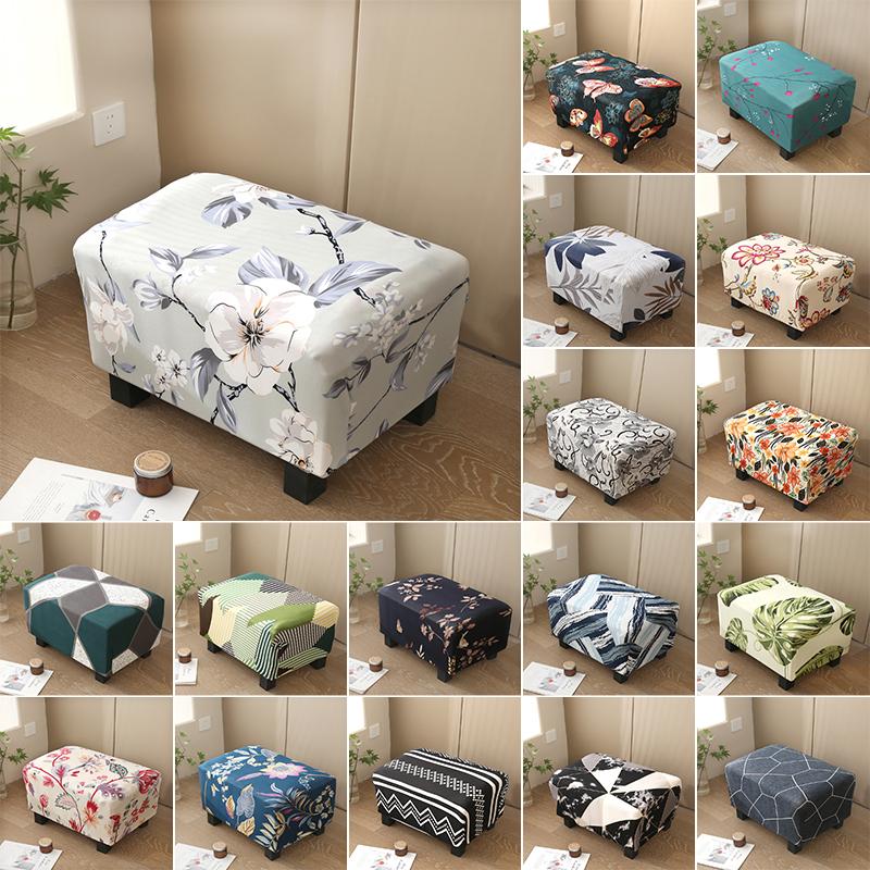 17 Styles Stretch Footstool Cover Ottoman Slipcover Pouffe Dustproof Rectangle Slipcover Print Fabric Furniture Protective Cover