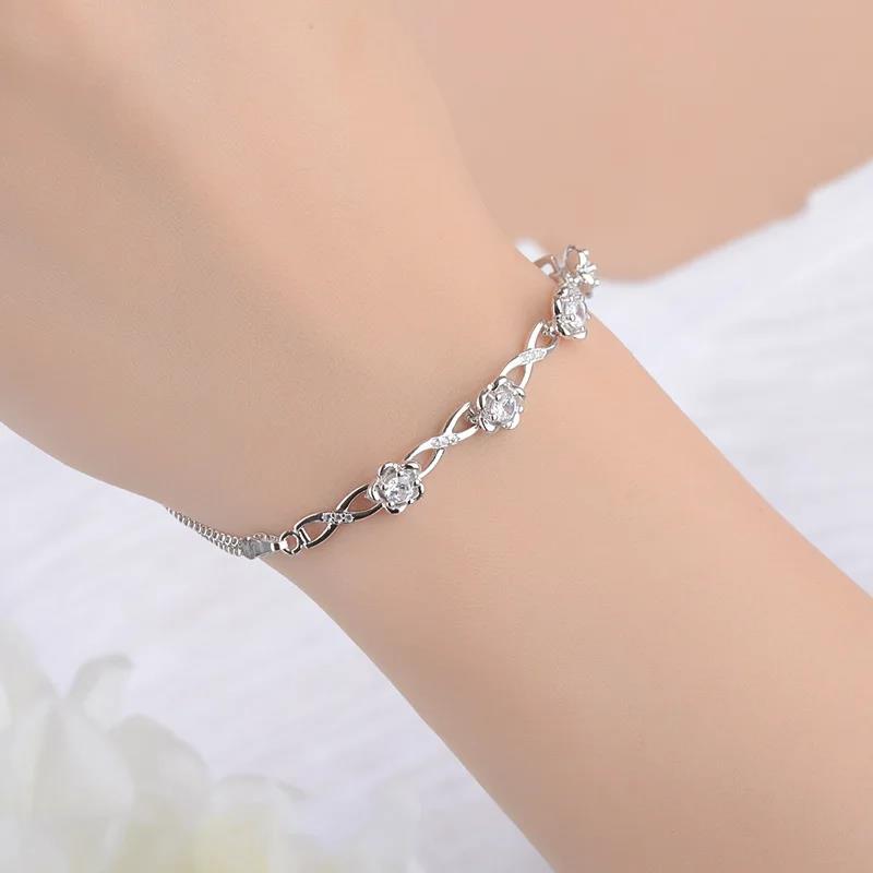 New 925 Sterling Silver Stackable Flower CZ Crystal Design Bracelet Bangle for Women Wedding Birthday Jewelry Pulseira Feminina